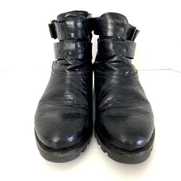 Miista Croc Embossed Ankle Boot Black Leather Round Toe Gold Buckle 37 6.5 - Picture 3 of 9